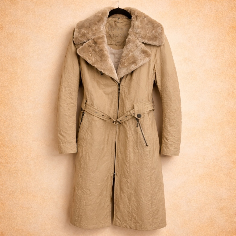 CREEN STONE THICK TRENCH WITH FAUX FUR COLLAR
